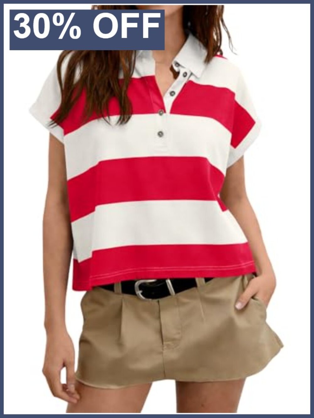 Women's Short Sleeve Striped Polo Shirt Collared Button Up Top